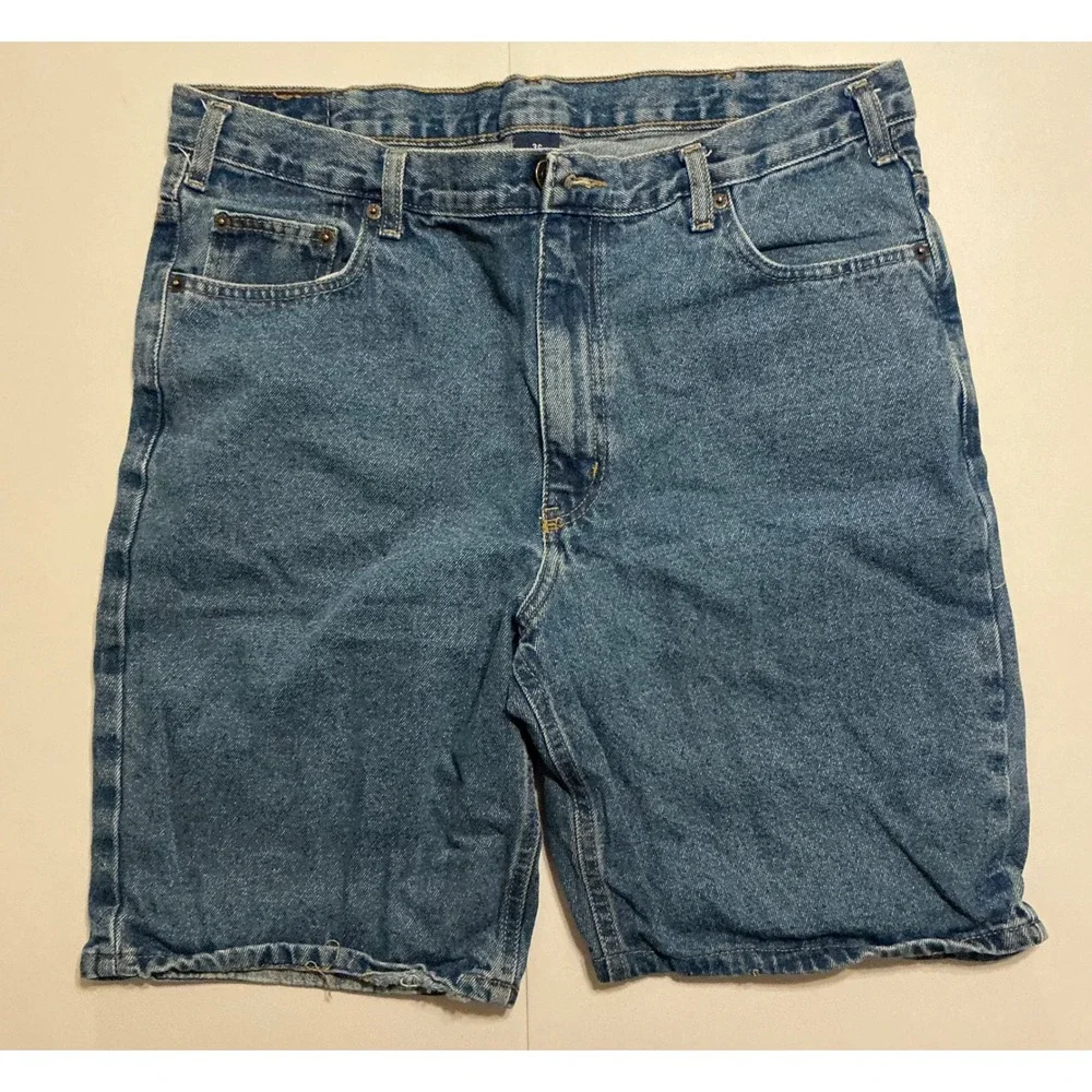 VTG Y2K Baggy Full Blue Mens Denim Jean Shorts Med Wash Relaxed‎ Fit 36 Fits 34